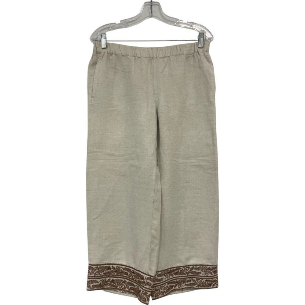 J Jill Pants Women XS Beige Wide Leg Crop Linen Blend Embroidered Pocket Pull On